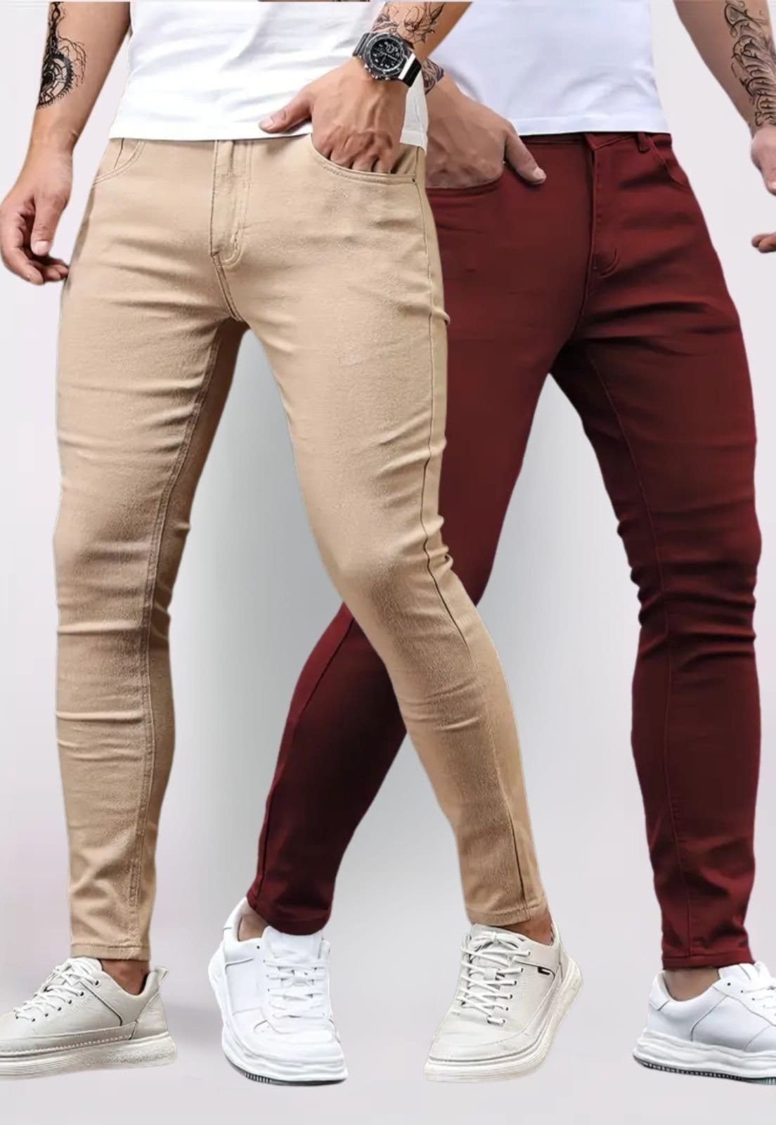 Kit 2 Calça Masculina Tempo Hábil Bege e Vinho Sarja Corte Tradicional