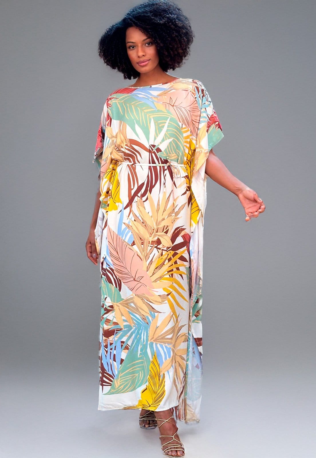 Vista principal Vestido Amazonia Vital Kaftan Viscose Longo Estampa Aurora Suave Amazonia Vital amarelo/branco/estampado