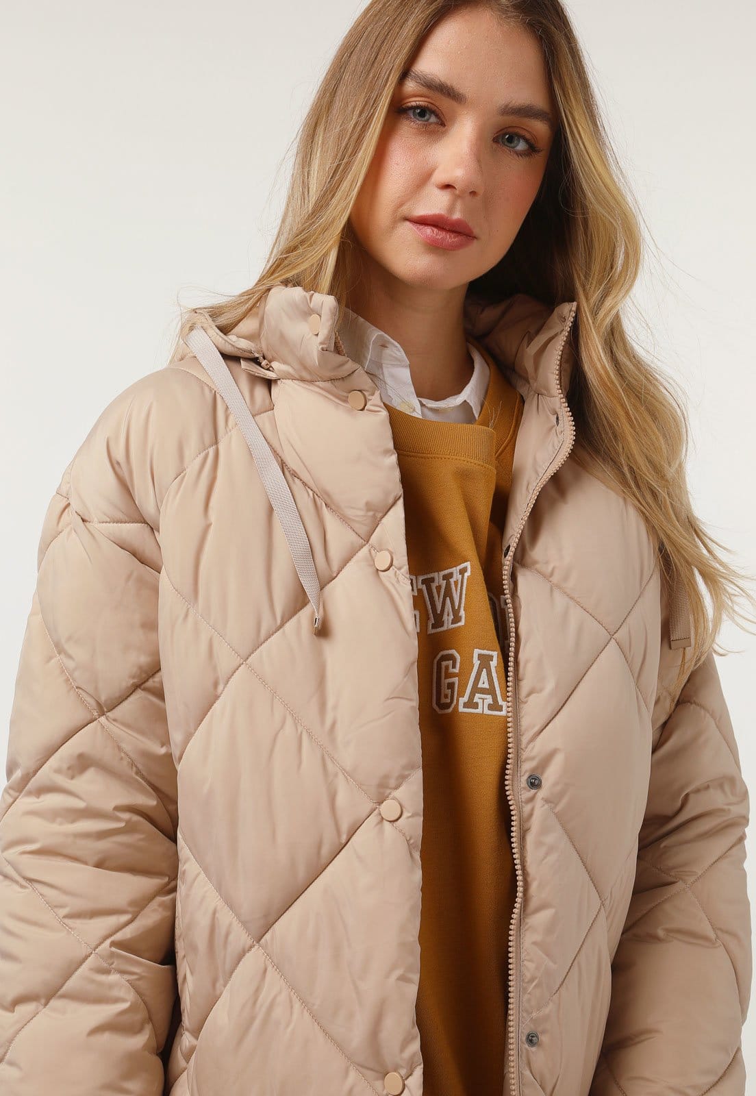 Vista 2 Jaqueta Puffer Facinelli by MOONCITY Alongada Facinelli bege