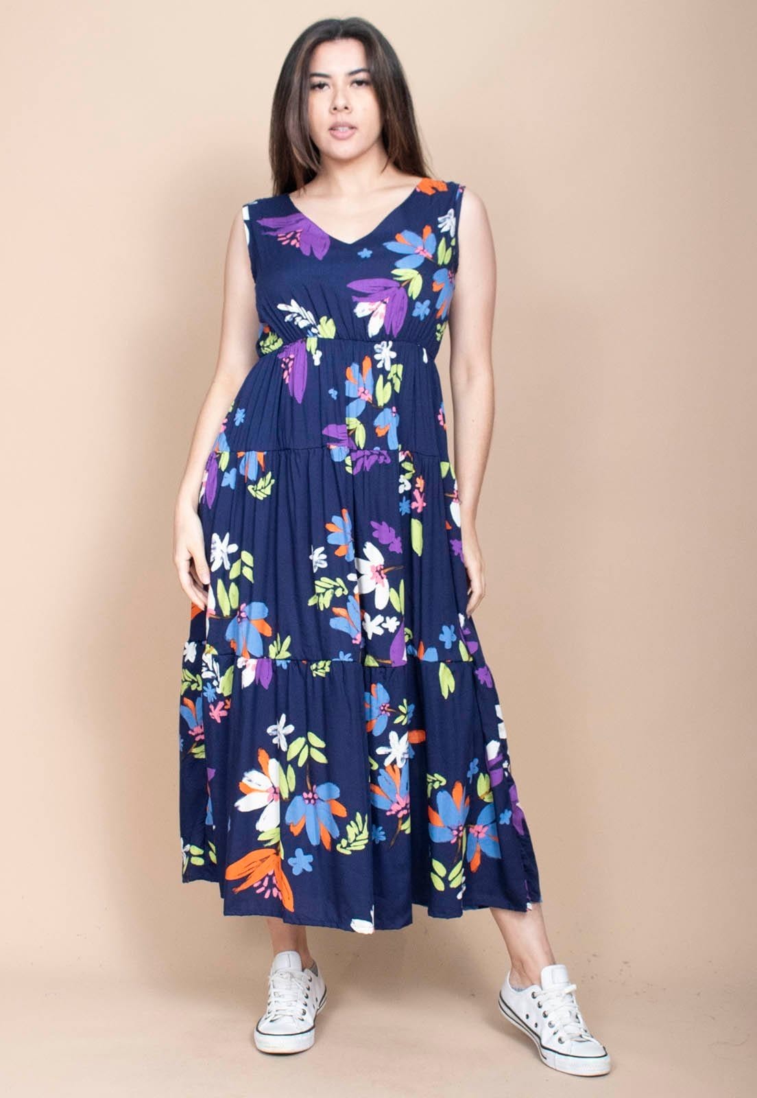 Vestido Cabanafree Regata Longo Peri Viscose Camadas Estampa Festa das Flores
