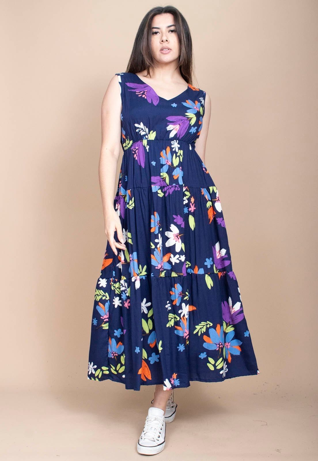 Vista 2 Vestido Cabanafree Regata Longo Peri Viscose Camadas Estampa Festa das Flores Cabanafree estampado/laranja/verde