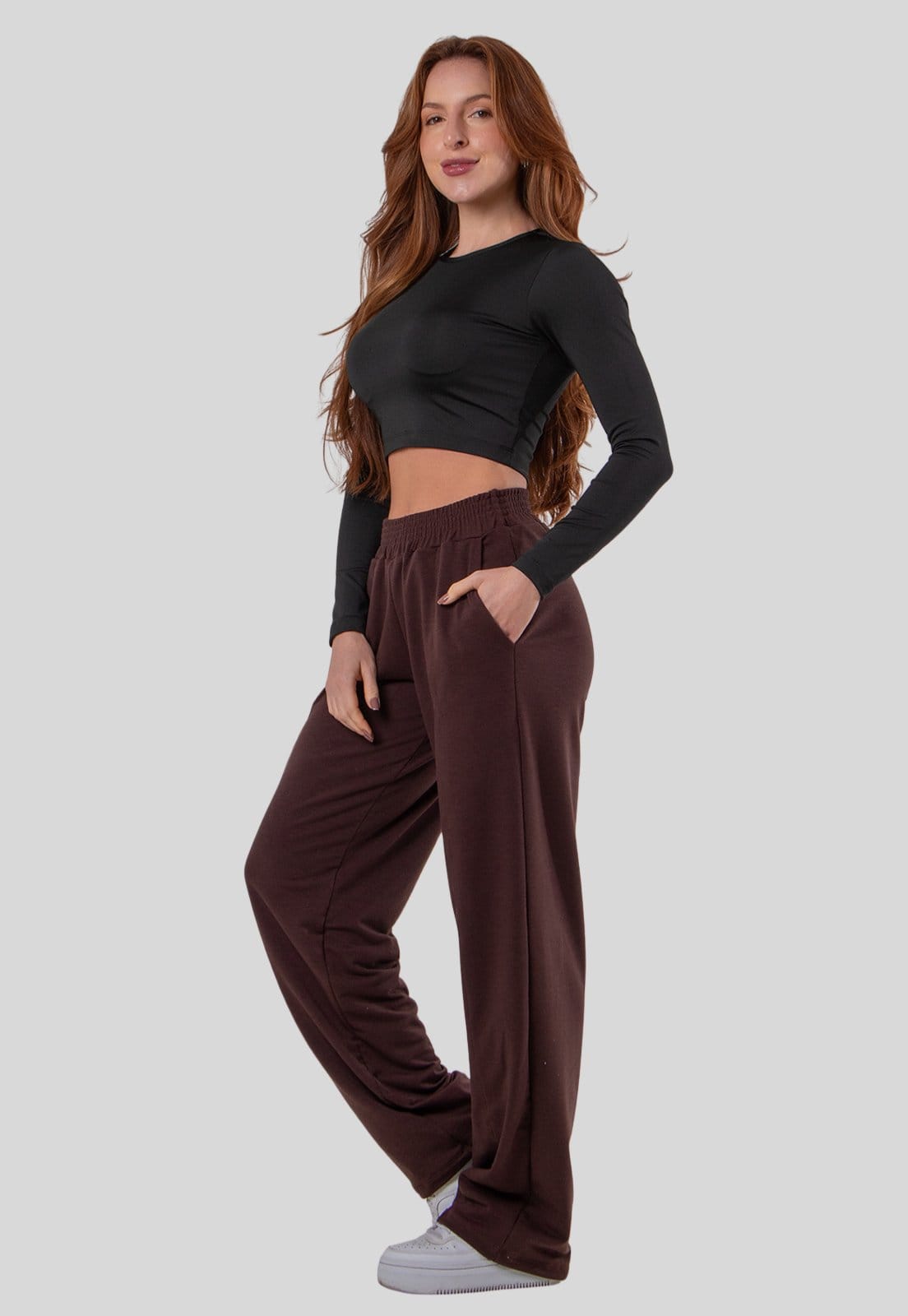 Vista 2 Calça Feminina Moletinho Com Bolso Wide Leg Confortável Casual Diluxo marrom