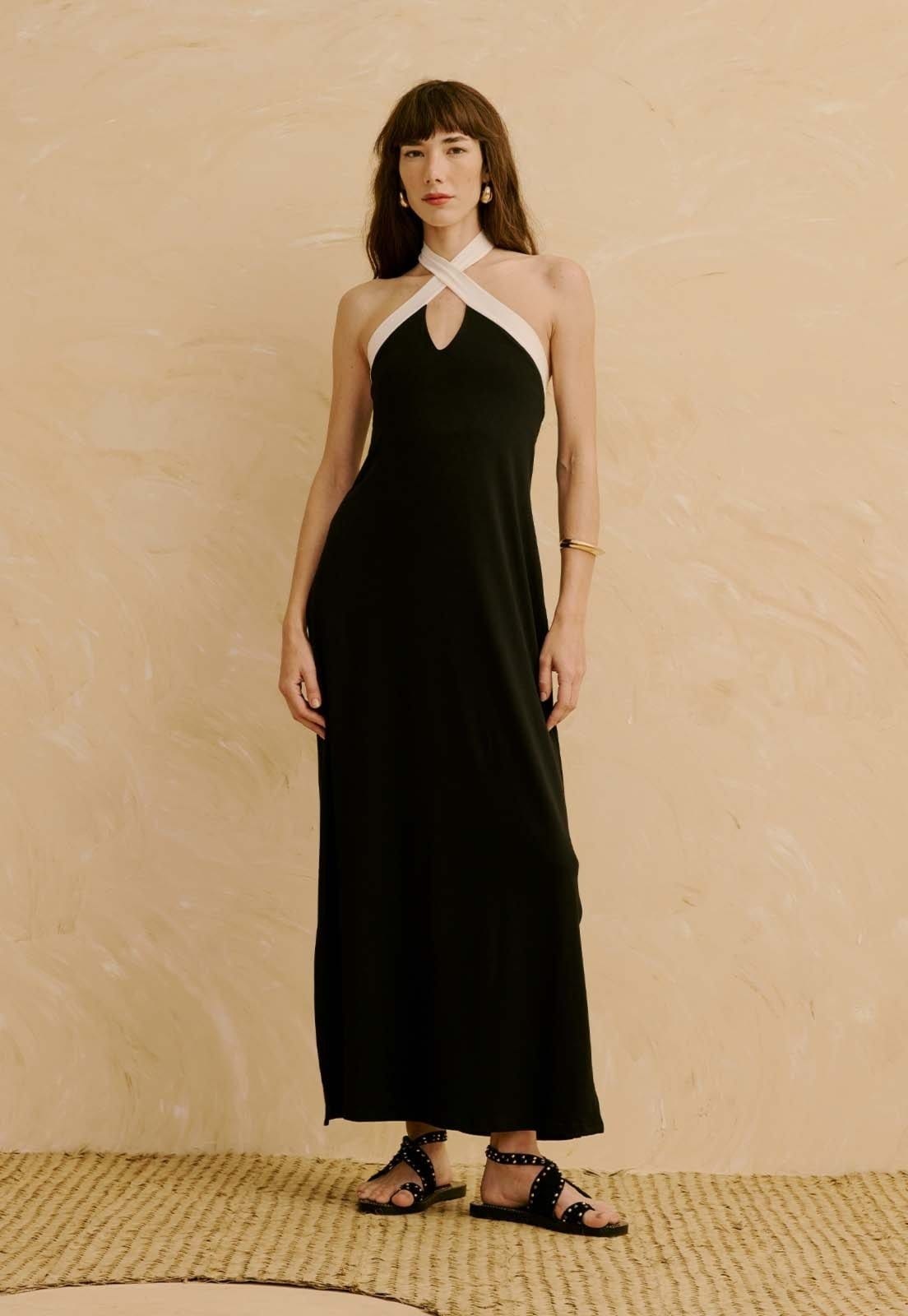 Vista principal Vestido Bicolor com Decote Cruzado CaCay preto