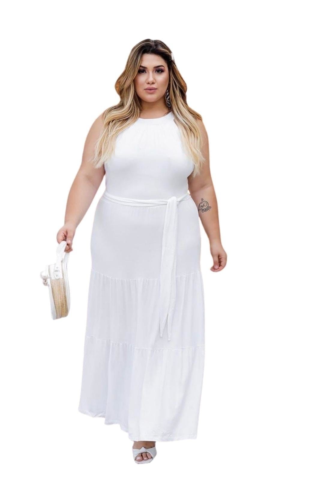 Vista principal Vestido Longo Plus size Liso Viscolycra Ano Novo Réveillon Cia do Vestido branco