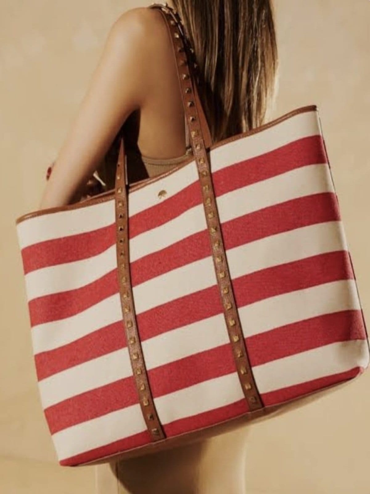 Bolsa Luiza Barcelos Grande Em Listras Naval E Couro Caramelo Com Rebites