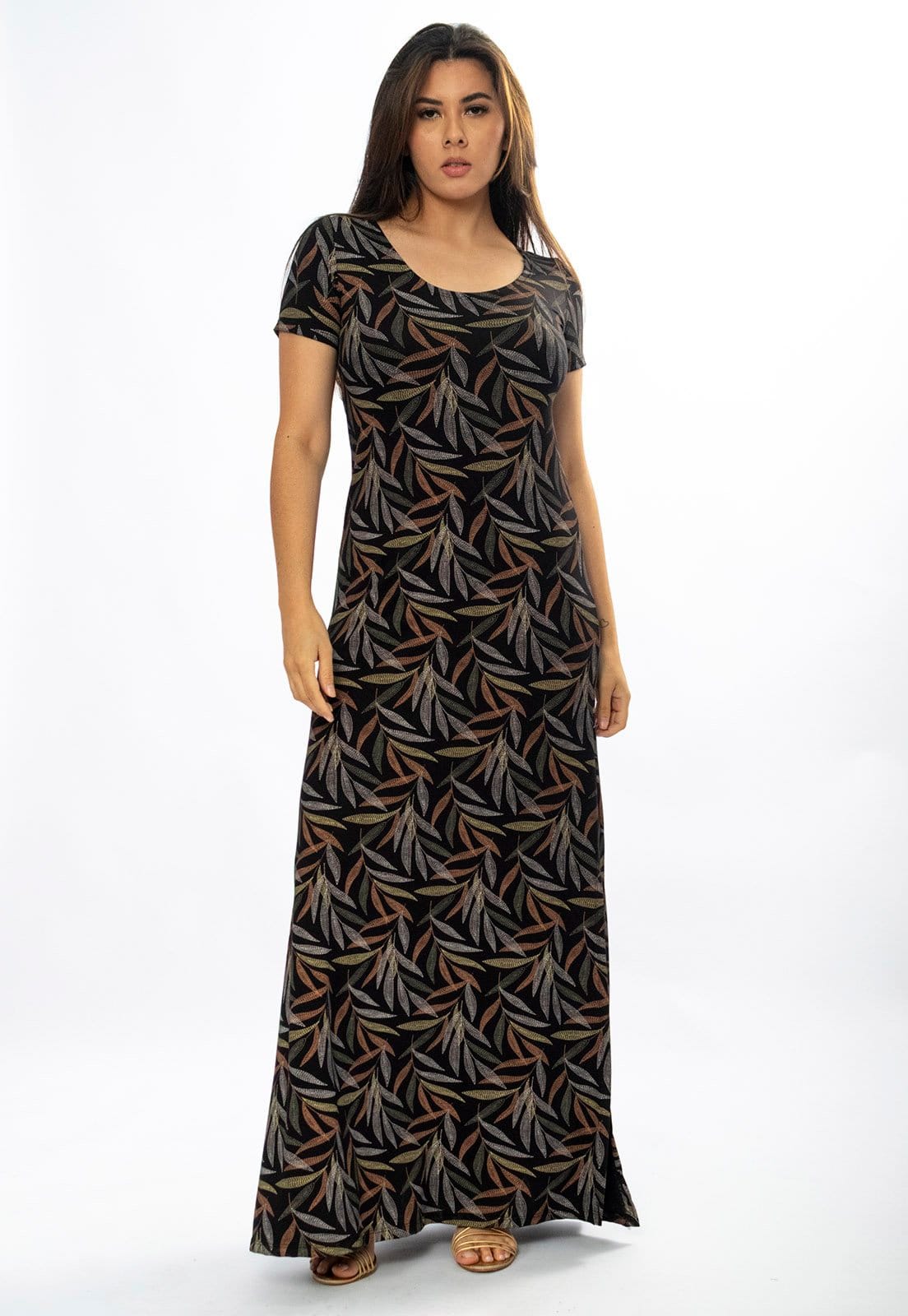 Vista 2 Vestido Longo Cabanafree Malha Gola Canoa Manga Curta Estampa Folhagem Cabanafree cinza/estampado/marrom