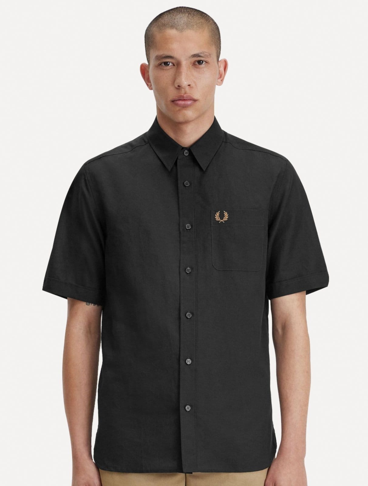 Camisa Fred Perry Masculina Manga Curta Linen Blend Escuro