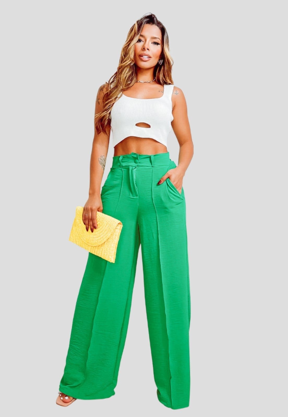 Vista 2 Calça NSTORE Pantalona Wide Leg Social Alfaiataria Solta YWC ind verde