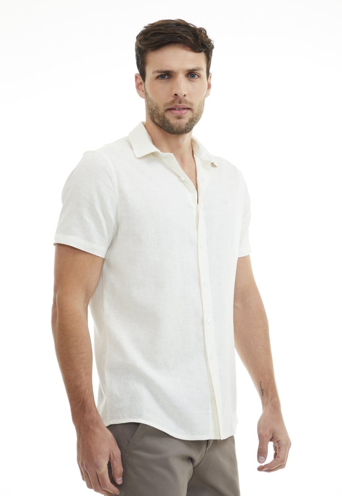 Camisa Linho Traymon Slim Manga Curta Off White