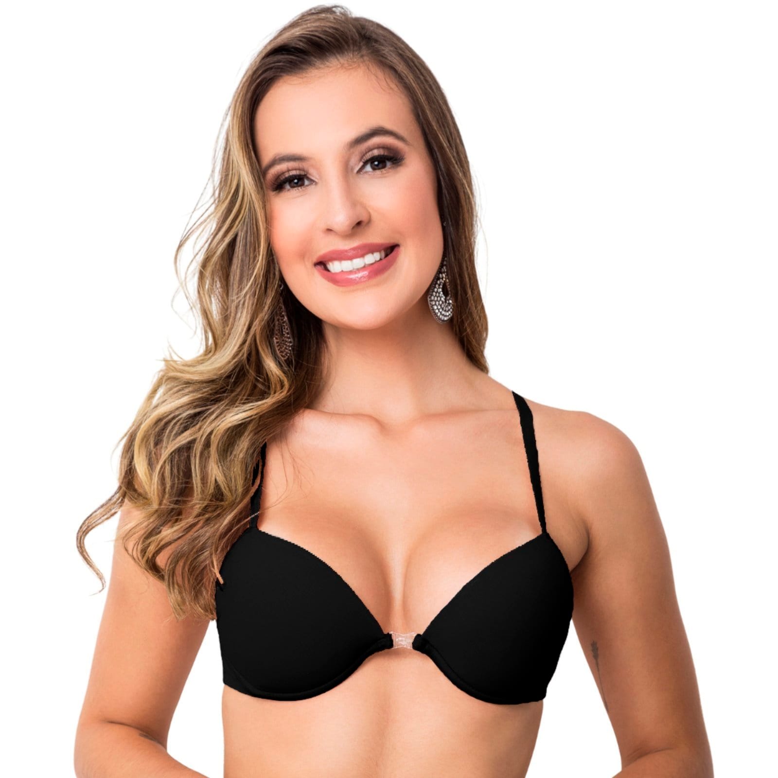 Vista principal Sutiã Nadador Gabi Lingerie Com Bojo Microfibra Alças Reguláveis Fecho Frontal Reforçado Soutien Confortavel Gabi Lingerie preto