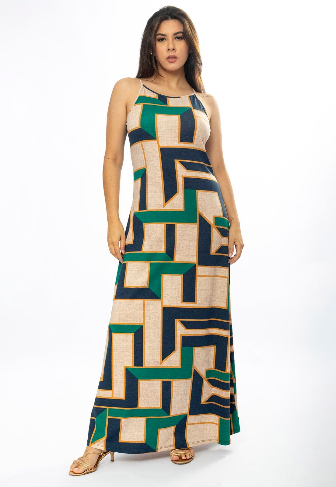 Vista 2 Vestido Longo Cabanafree Malha Trapézio Chapada de Areia Cabanafree azul/bege/estampado