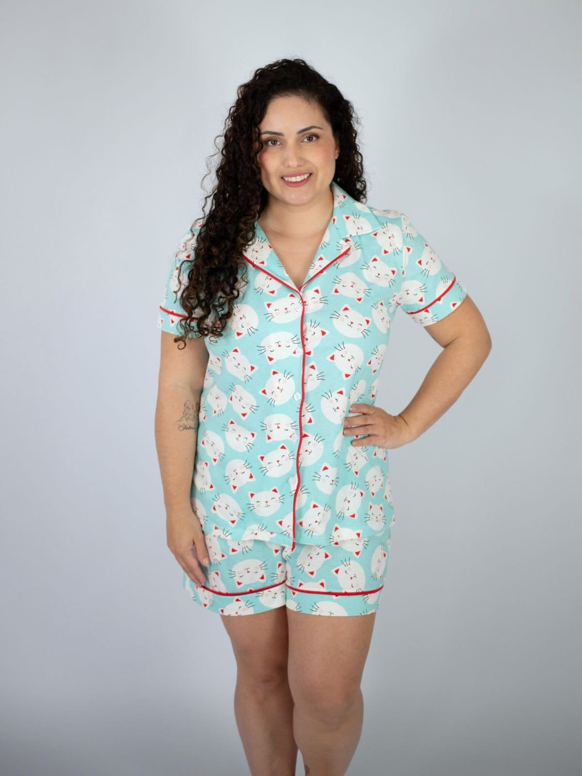 Pijama Algodão Plus Size Americano Curto Flávia - Gatinhos