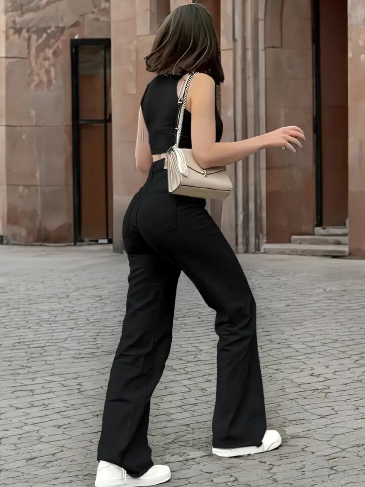 Vista 2 Calça Jeans Wide Leg Feminina Safira Moda Pantalona Preta Safira Moda preto