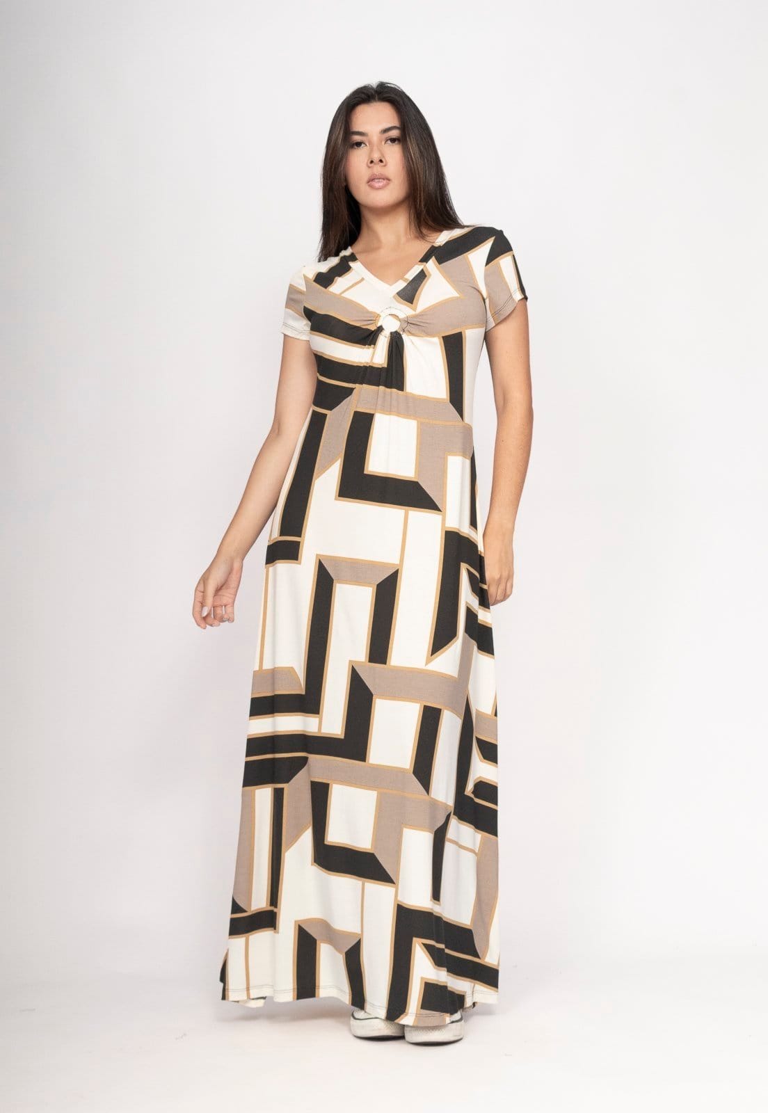 Vestido CabanaFree Coema Longo Malha Detalhe no Busto Estampa Igaci