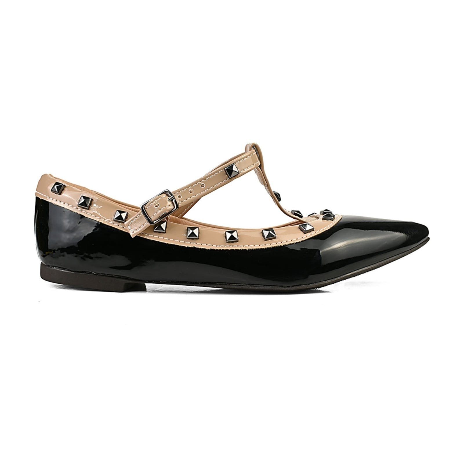 sapatilha feminina bico fino mary jane com verniz comspikes e fivela confort Preto