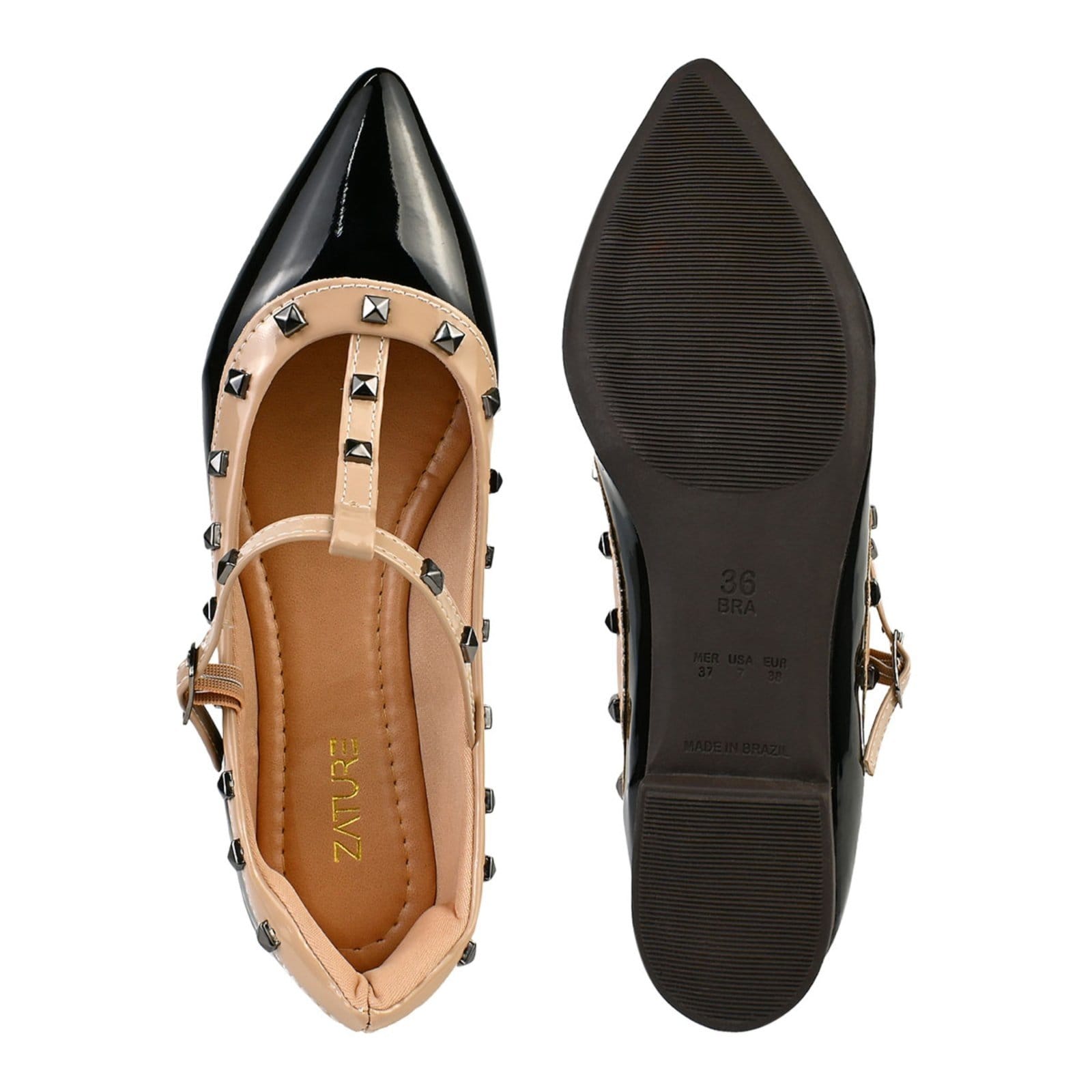 Vista 2 sapatilha feminina bico fino mary jane com verniz comspikes e fivela confort Preto ZATURE STORES nude/preto nude