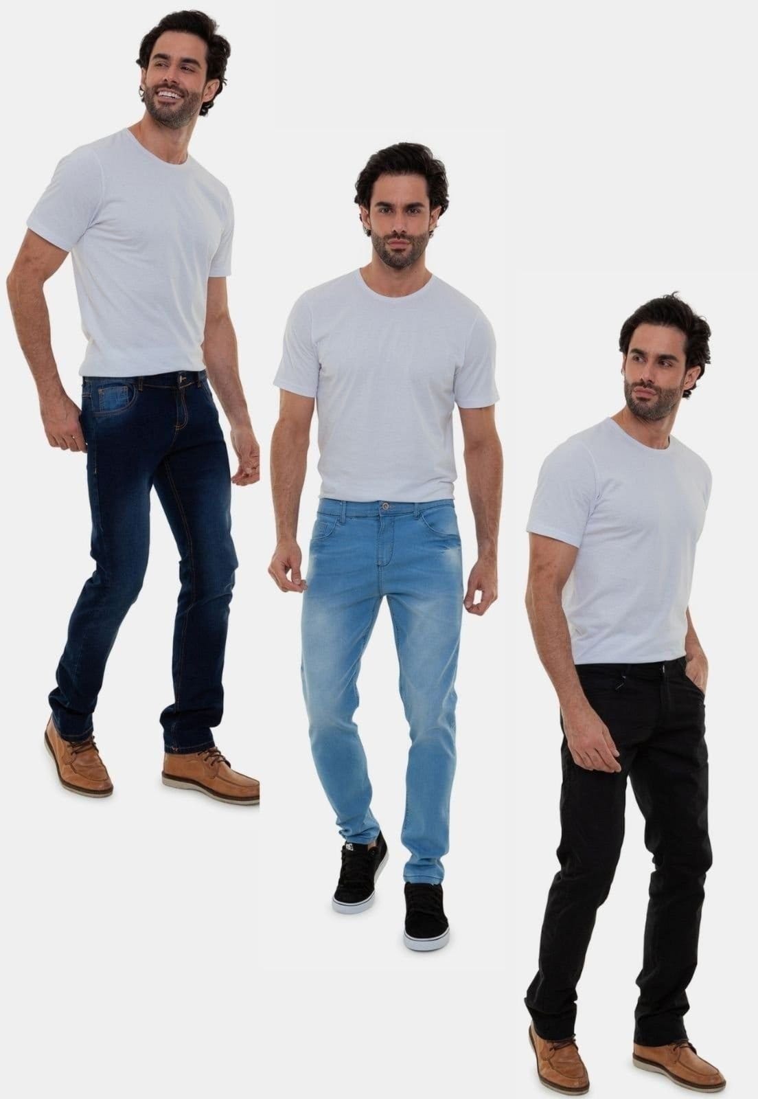 Vista 2 Kit 3 Calças Jeans Masculina Lavagem Clara Lavagem Escura e Sarja Preta Premium Versatti Lima Versatti Jeans azul lima