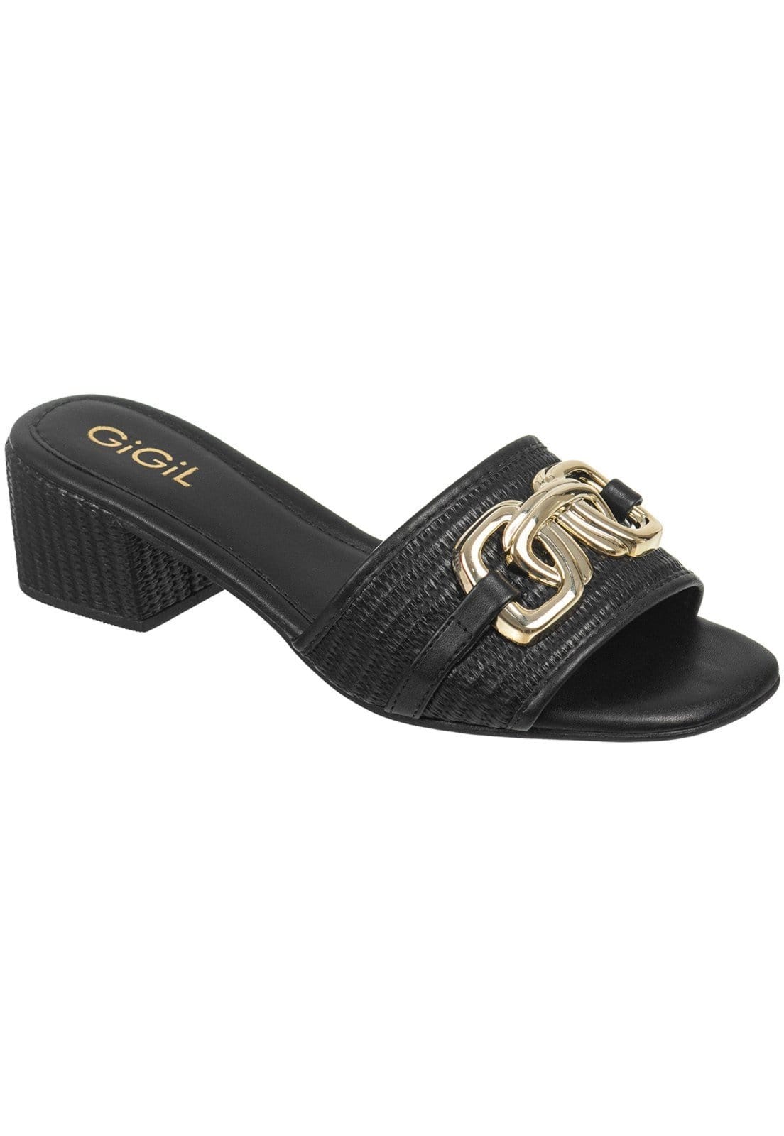 Vista 2 Sandália Feminima GiGiL Tamanco Mule Casual Enfeite Metalizado Salto Bloco Gigil preto