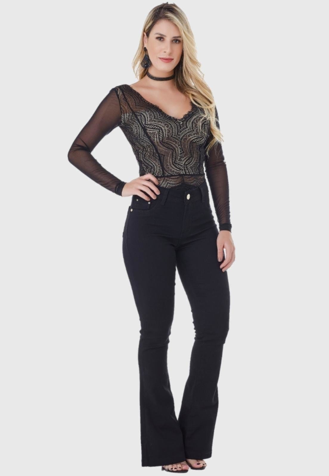 Vista 2 Calça Jeans HNO Jeans Flare Petit Preta HNO Jeans preto