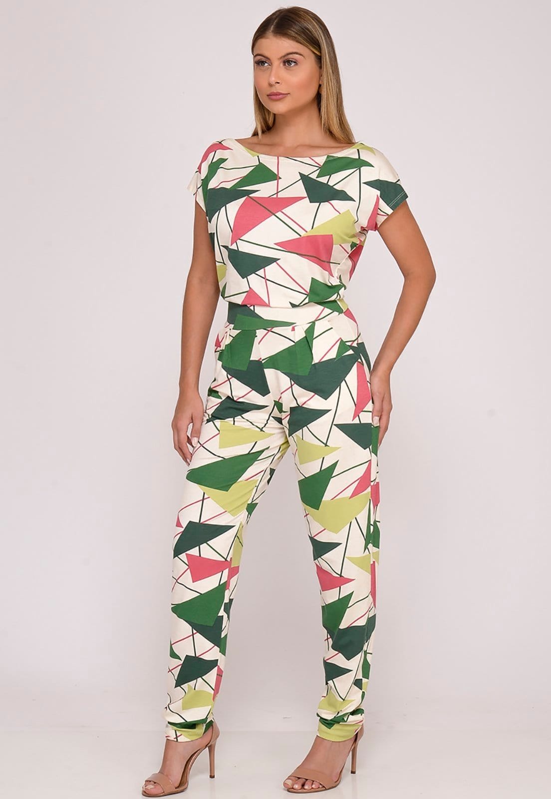 Vista 2 Macacão Longo M/C Decote Canoa B'Bonnie Mel Geo Verde B'Bonnie estampado verde