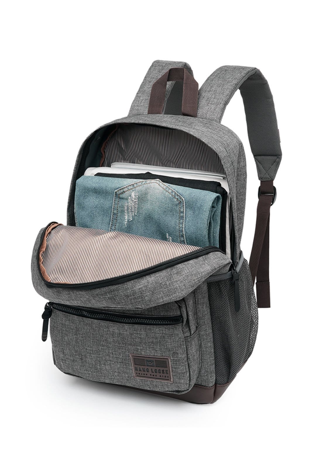 Vista 2 Mochila Hang Loose Reforçada Original Espaçosa Escolar Faculdade Trabalho Hang Loose cinza