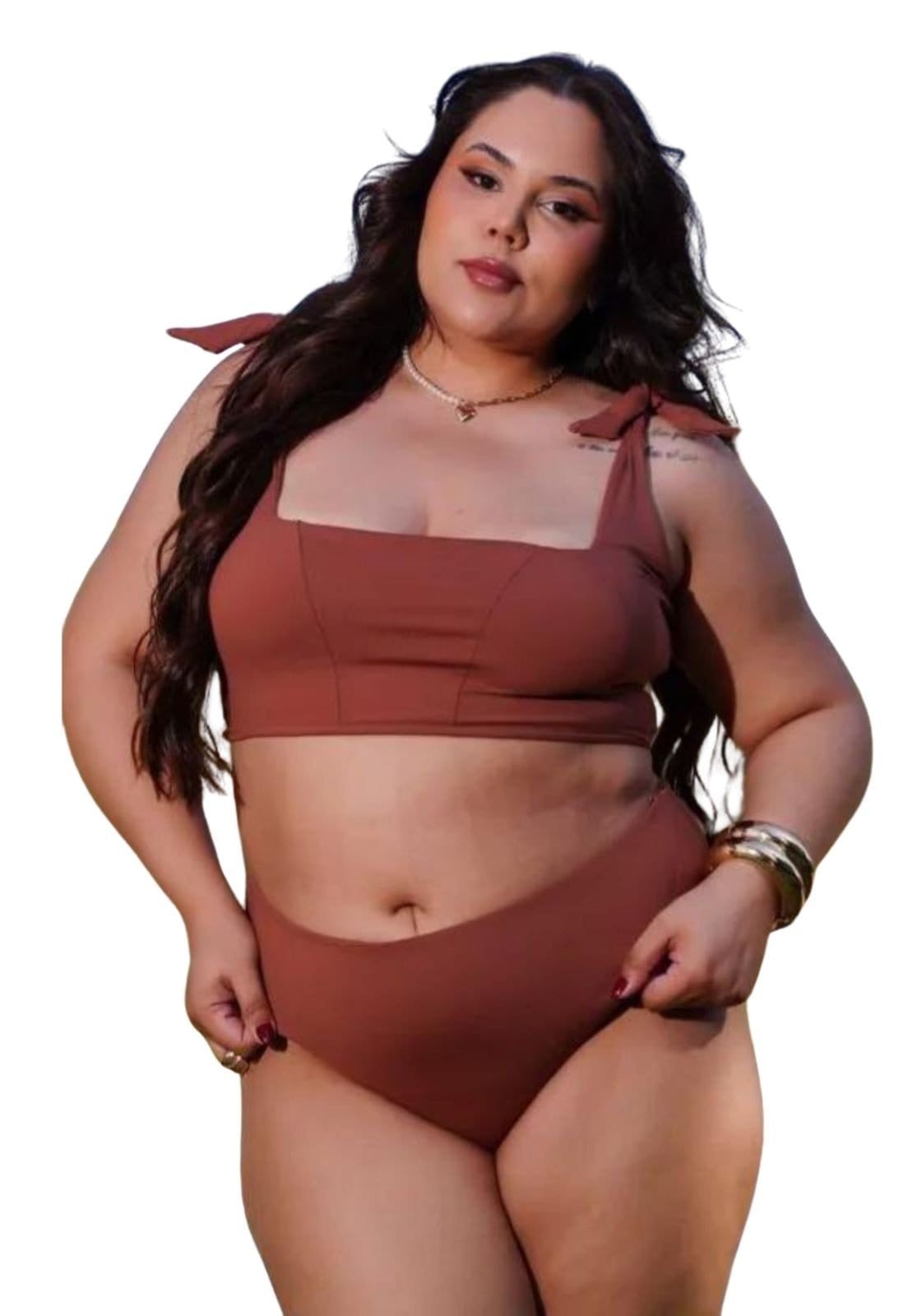 Vista principal Bíquini Liso Amplo Plus Size Reto Alcinha Chocolate Cia do Vestido marrom