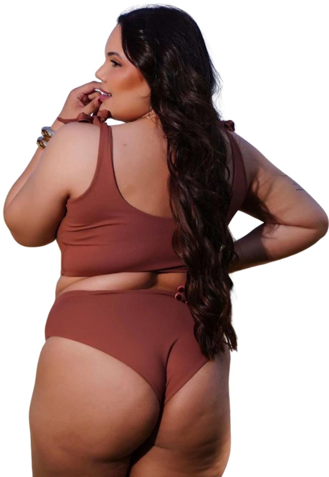 Vista 2 Bíquini Liso Amplo Plus Size Reto Alcinha Chocolate Cia do Vestido marrom