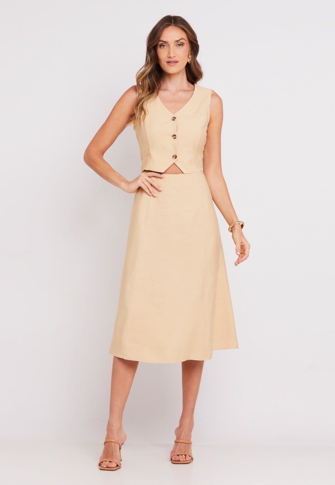 Vestido Midi Crepe Rústico Slub Miss Joy 8191 Feminino