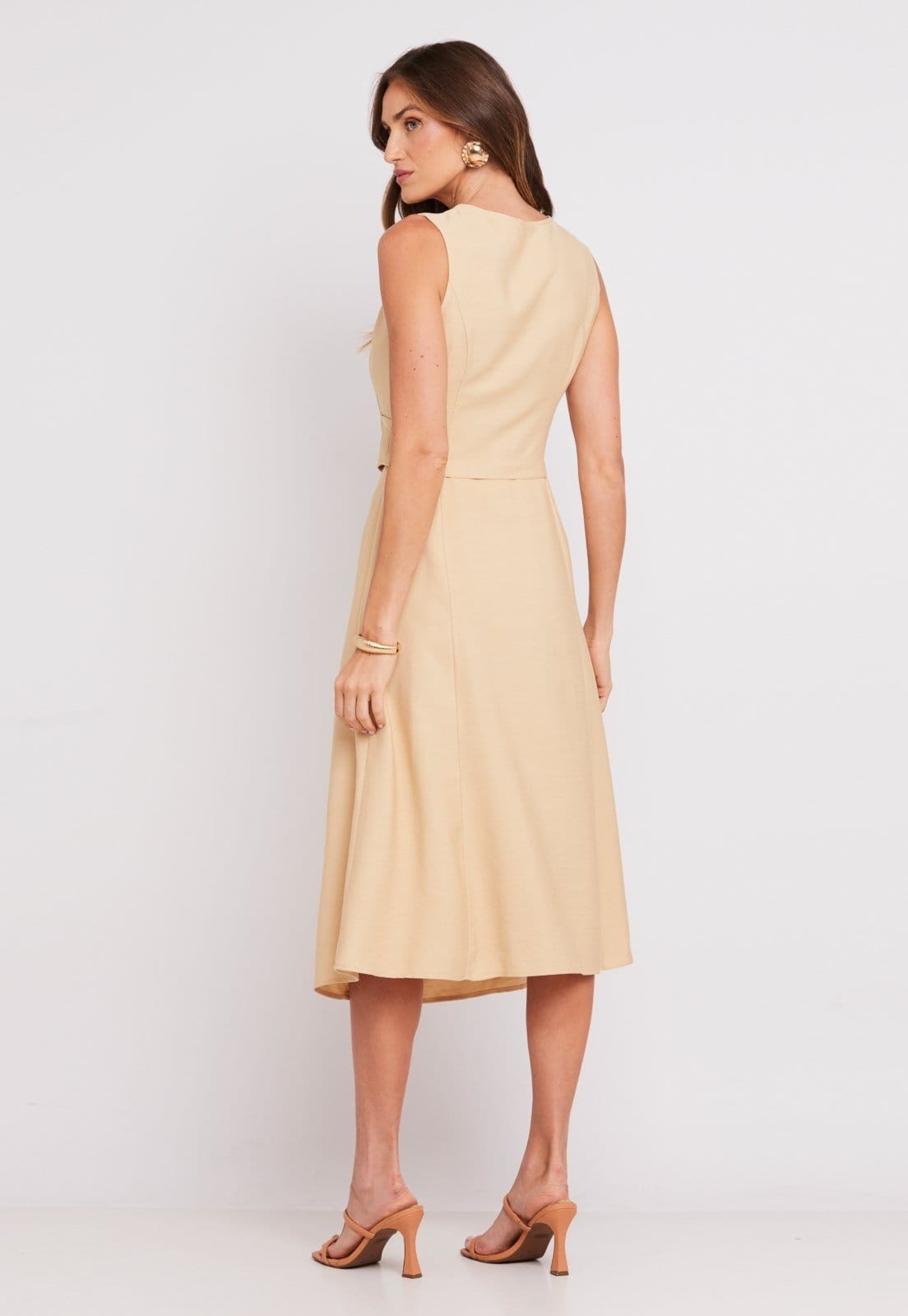 Vista 2 Vestido Midi Crepe Rústico Slub Miss Joy 8191 Feminino MISS BY JOY bege