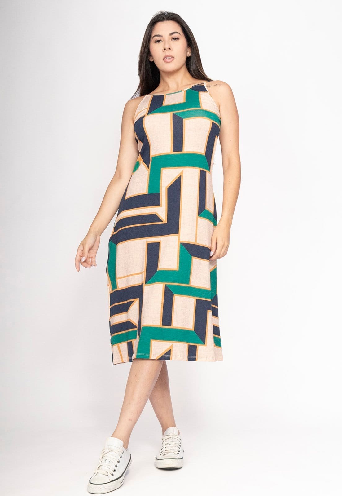 Vista 2 Vestido CabanaFree Aimara Curto Trapézio Malha Estampa Chapada de Areia Cabanafree estampado