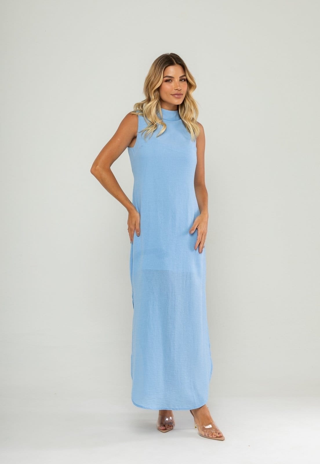 Vestido Longo Gola Alta E Fenda Lateral Salvatore