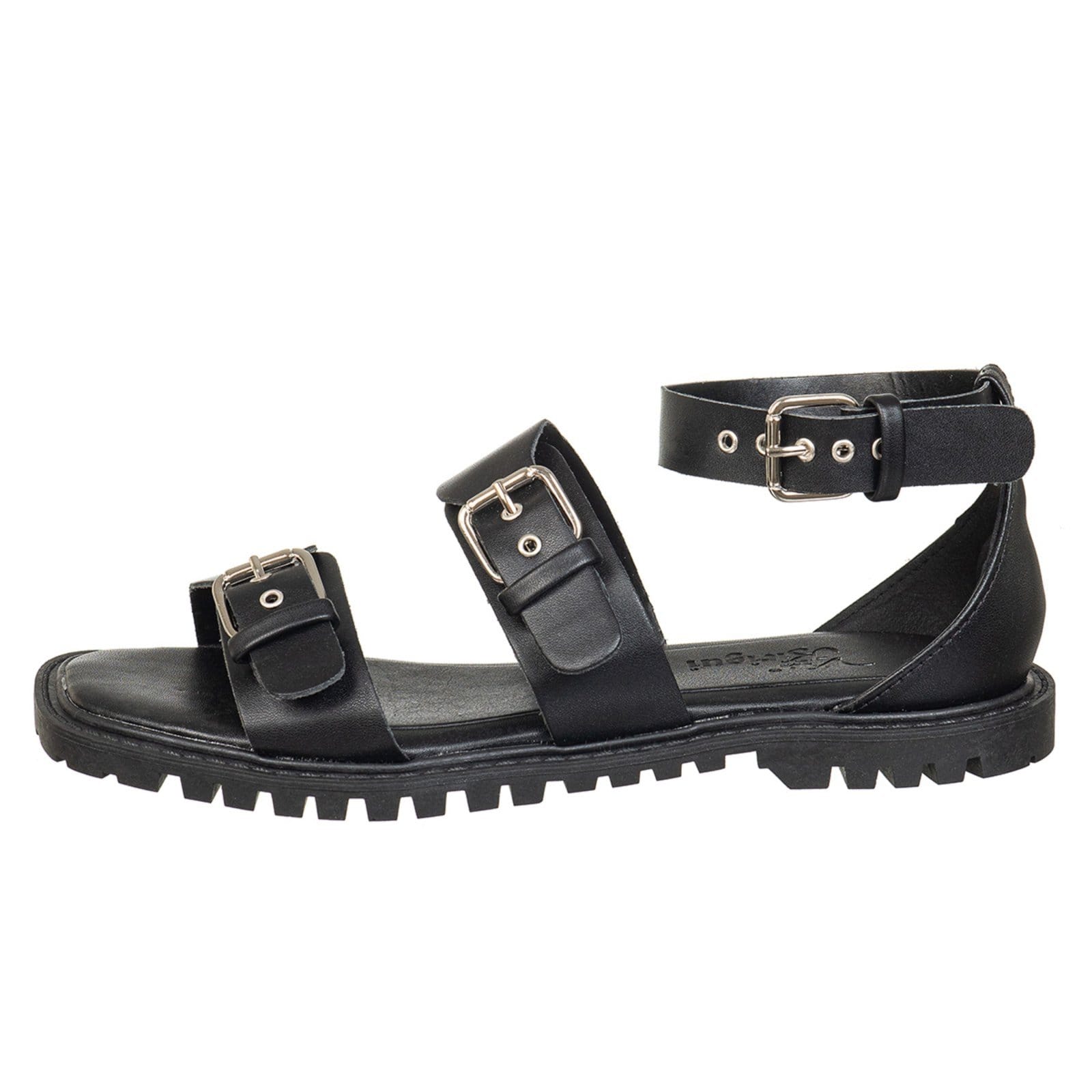 Vista 2 Sandalia Feminina Rasteira Flat Estilo Tratorada Via Birigui C/ Traseiro e Fivelas VB Calçados preto