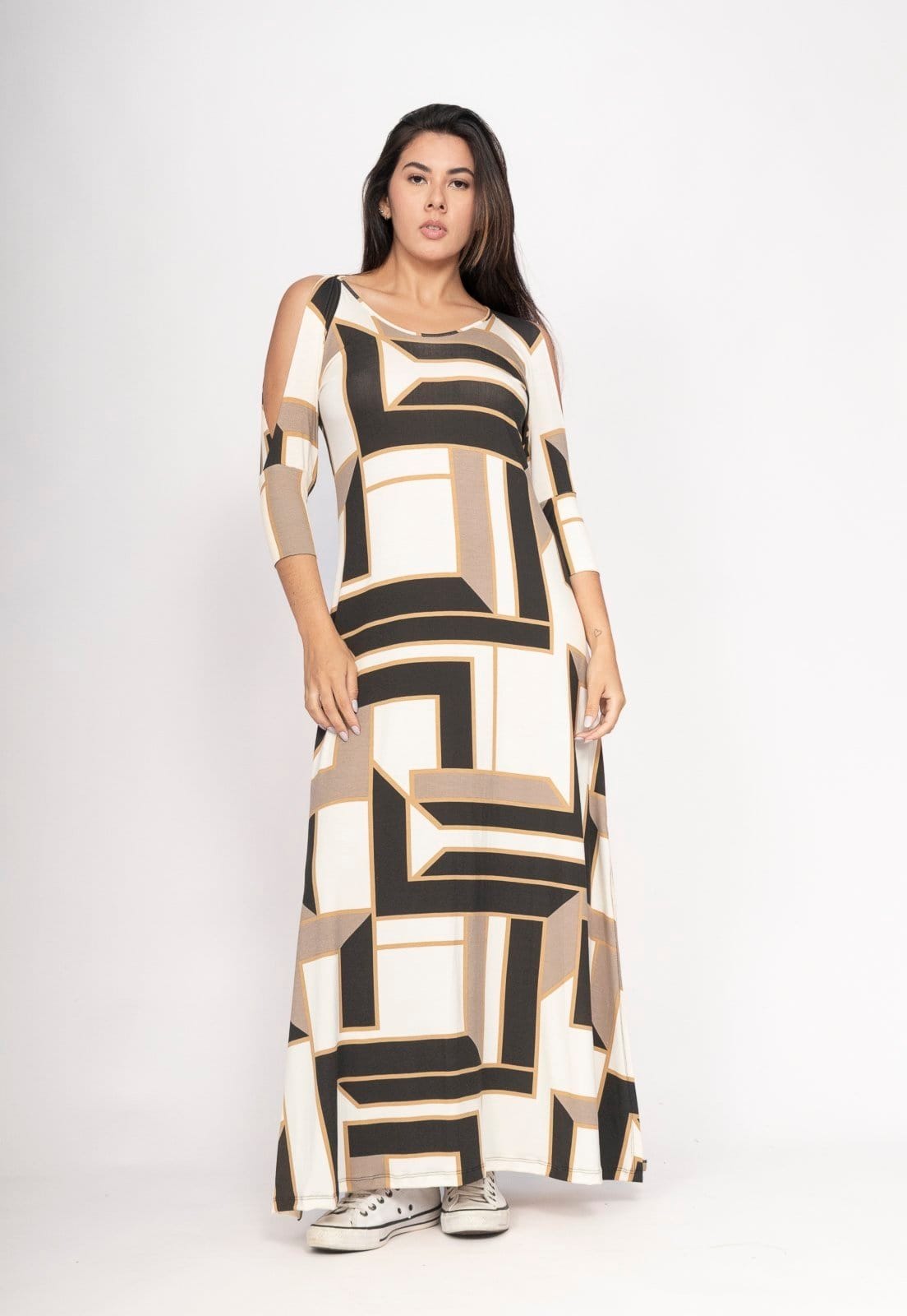 Vestido CabanaFree Boyrá Longo Malha Detalhe na Manga Estampa Igaci