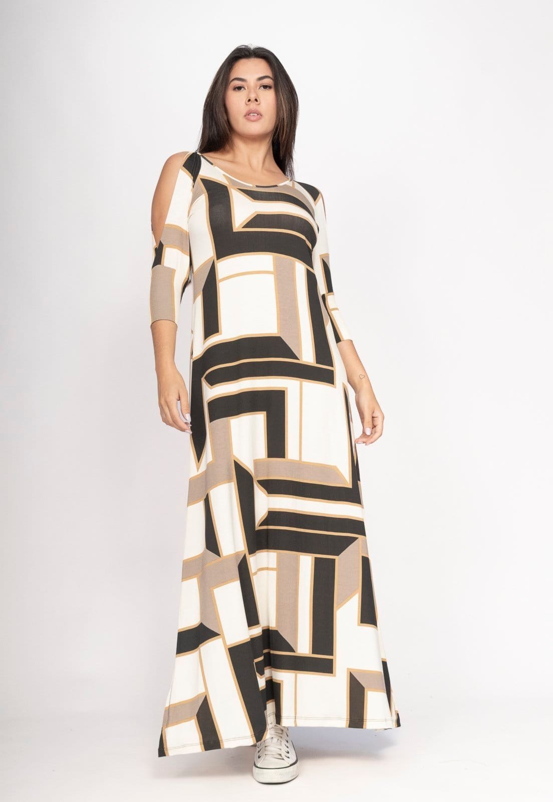 Vista 2 Vestido CabanaFree Boyrá Longo Malha Detalhe na Manga Estampa Igaci Cabanafree estampado