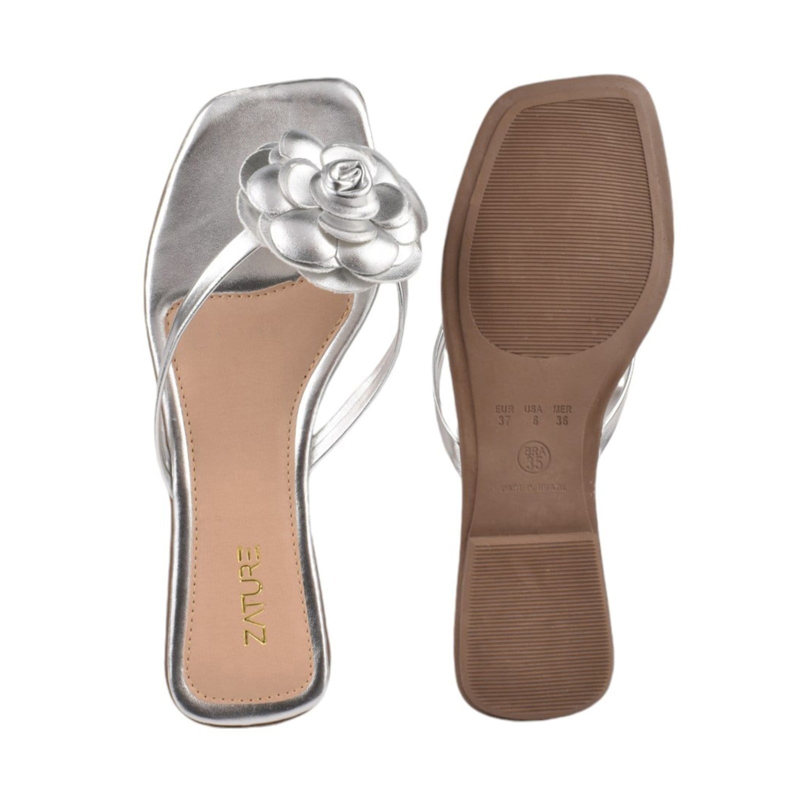 Vista 2 Sandália Feminina Rasteira Casual Verão Metalizada com Flor Leve e Macia para Blogueiras ZATURE STORES preto