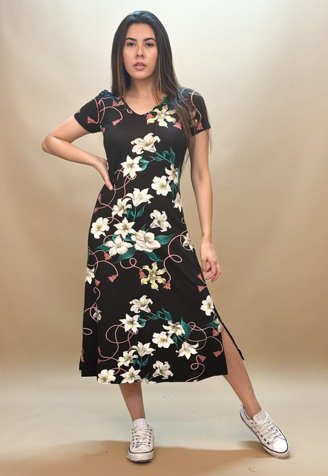 Vista principal Vestido Midi Malha Gola V Manga Curta Estampa Cabanafree floral/preto