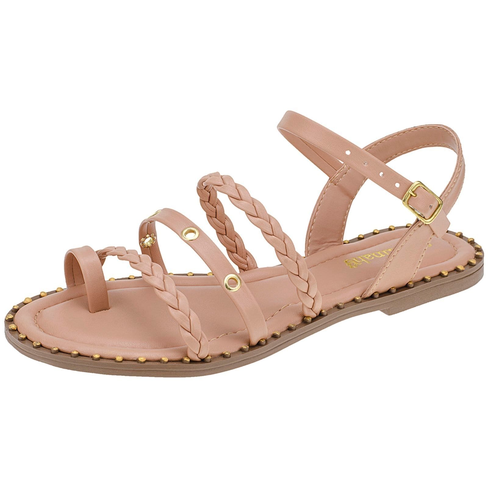 Vista principal Sandália Feminina Rasteira Bico Redondo Shekinah Sola Com Tachas Cravos Confortável Super Leve Moda Shekinah nude