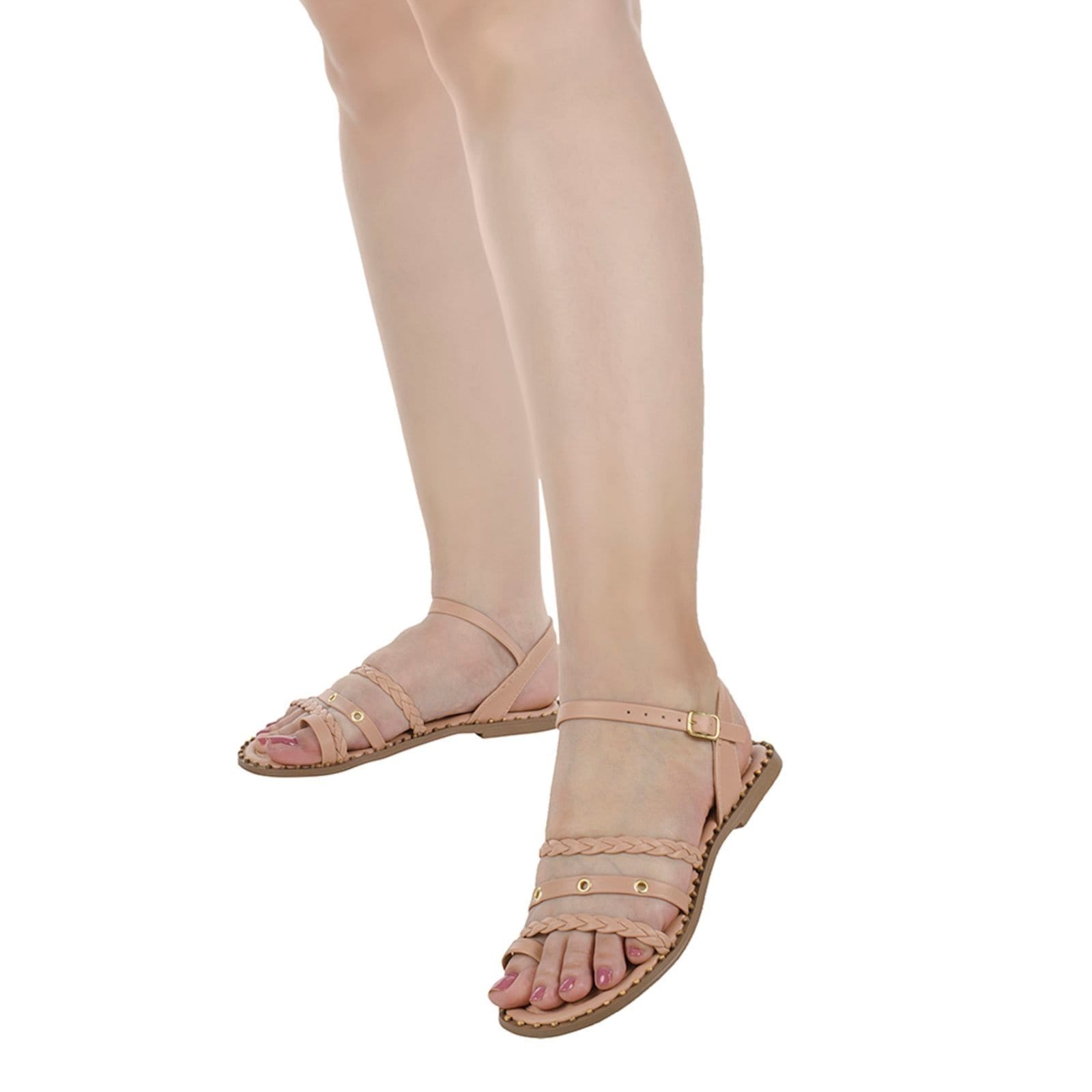 Vista 2 Sandália Feminina Rasteira Bico Redondo Shekinah Sola Com Tachas Cravos Confortável Super Leve Moda Shekinah nude