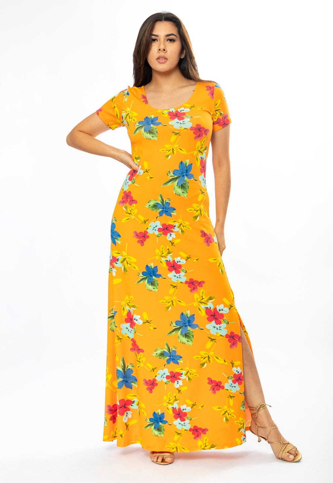 Vista 2 Vestido Longo Cabanafree Malha Gola Canoa Manga Curta Estampa Laranja Floral Cabanafree amarelo/azul/estampado/verde