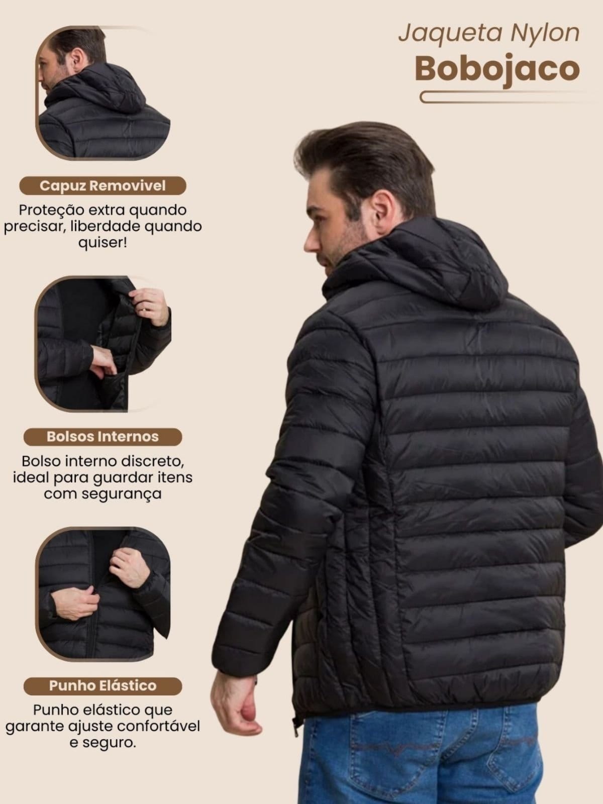 Vista 2 Jaqueta Masculina Nylon Bobojaco Impermeável Puffer Acolchoada Corta Vento Capuz Removível Confortavel Casual Tecido Premium Ultra Leve Vicio Fatal preto