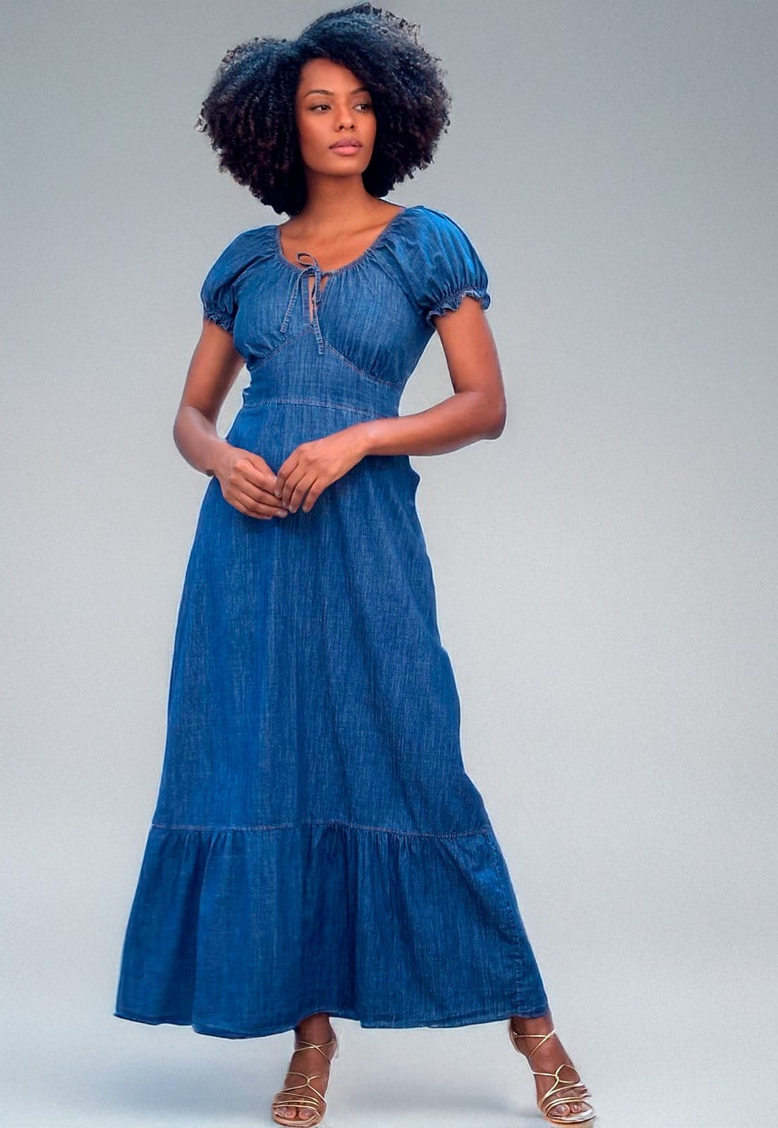 Vestido Cabanafree Longo com Manga Curta Jeans