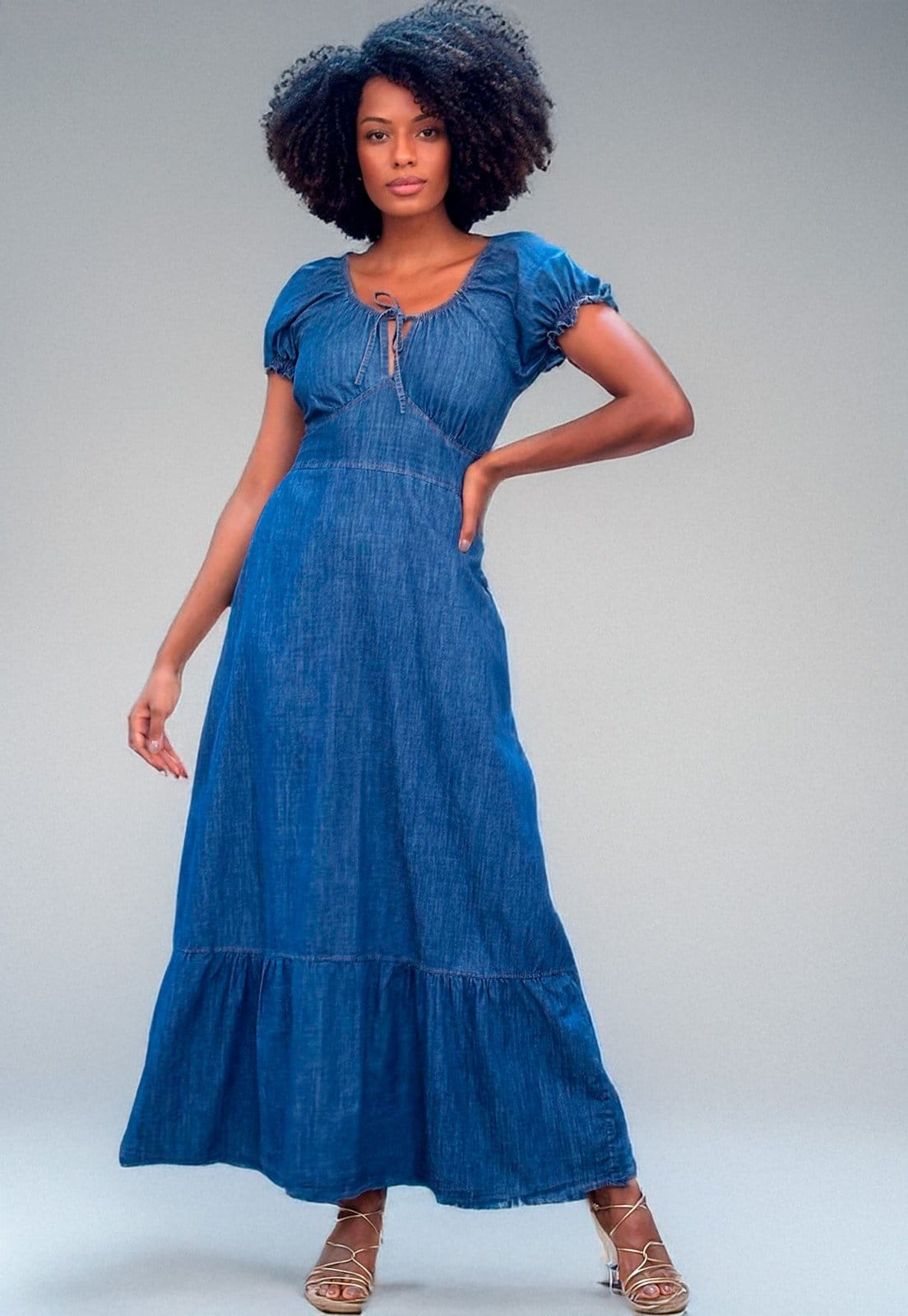 Vista 2 Vestido Cabanafree Longo com Manga Curta Jeans Cabanafree azul