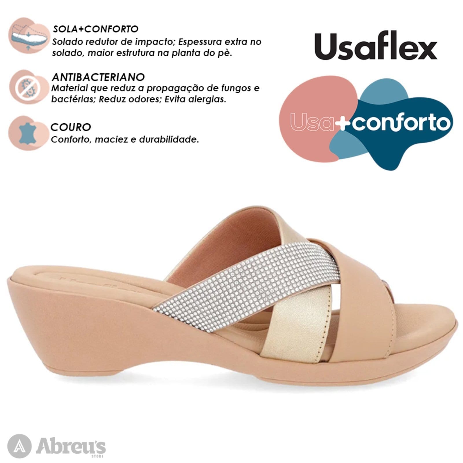 Vista 2 Tamanco Usaflex Em Couro Com Salto Bloco Enfeite Ouro Light-001 Usaflex preto