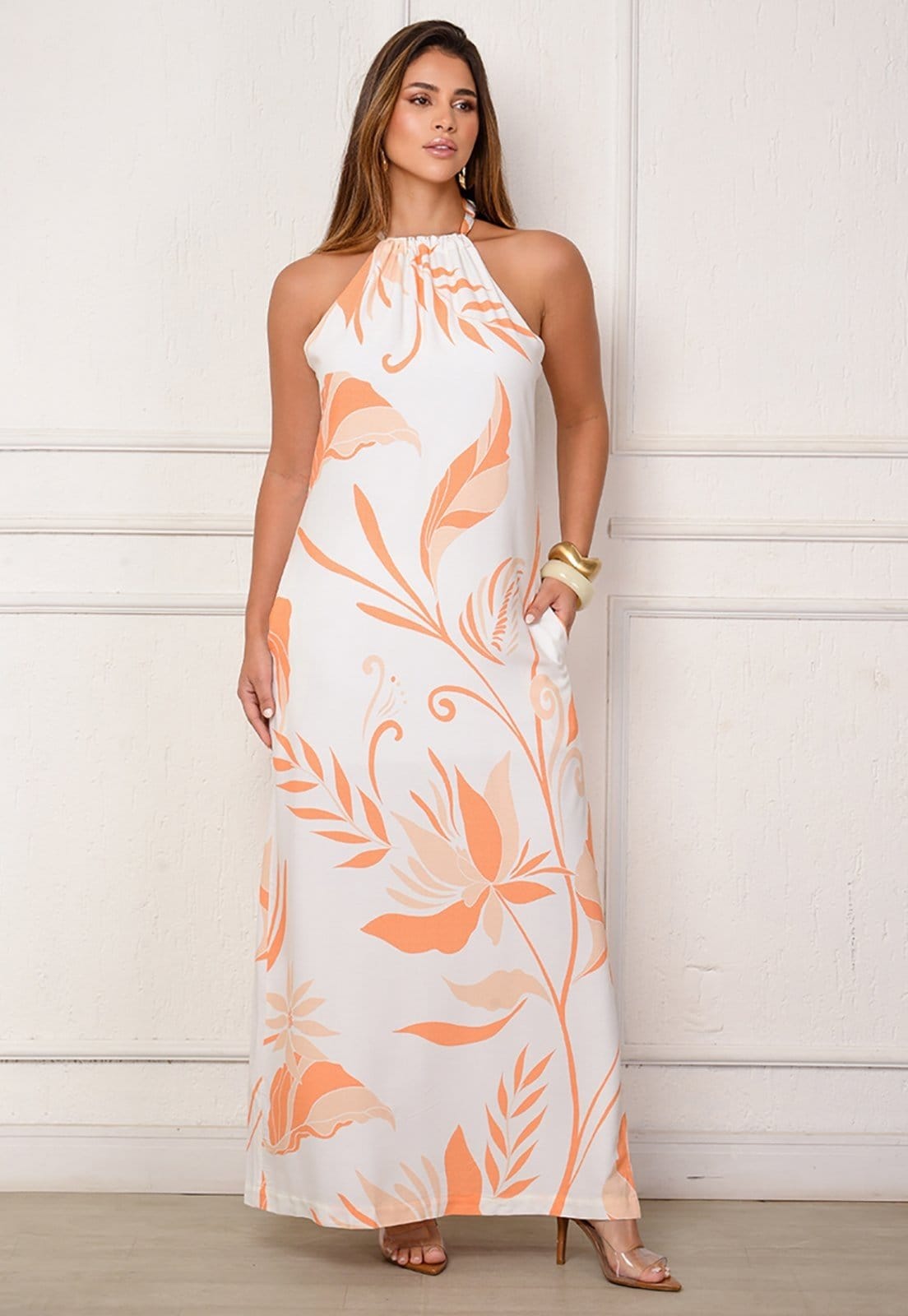 Vestido Sabrina - Longo com Amarração no Pescoço Estampa