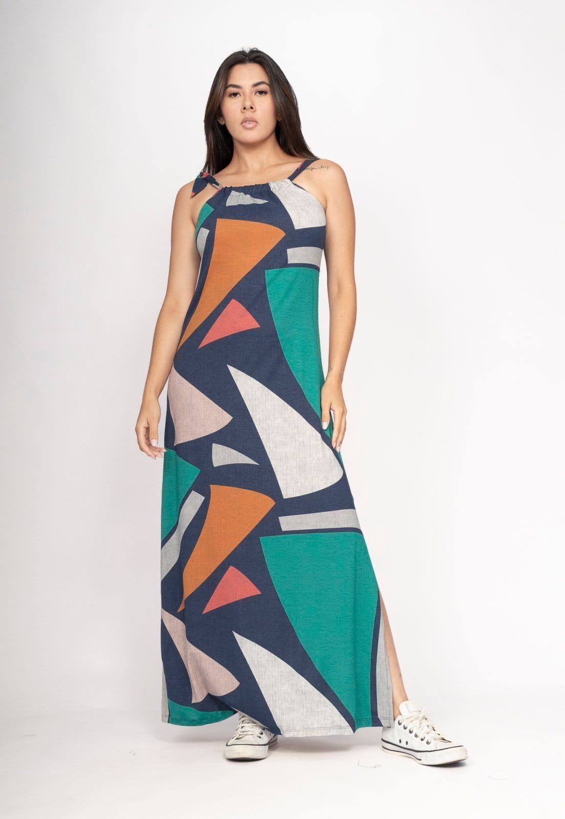 Vestido Amaoznia Vital Capotira Longo Malha Alça Ajustável Geometrias do Tempo