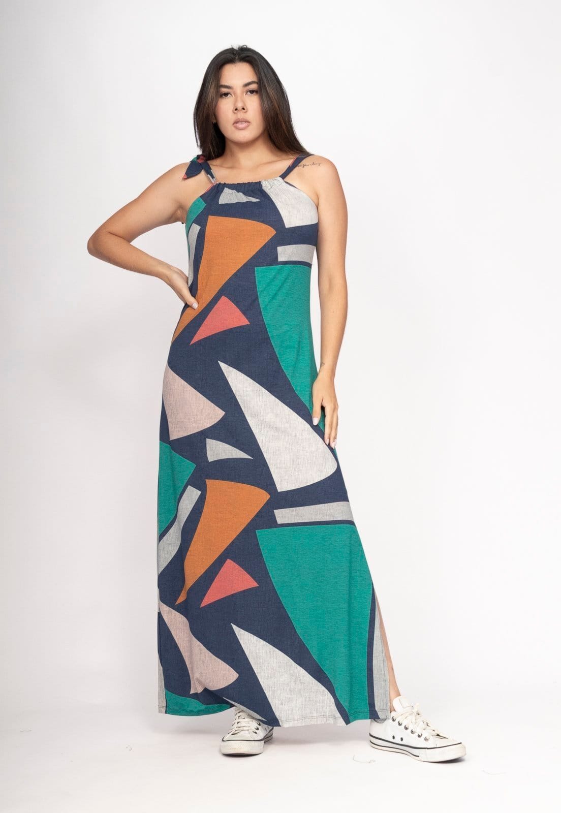 Vista 2 Vestido Amaoznia Vital Capotira Longo Malha Alça Ajustável Geometrias do Tempo Amazonia Vital estampado