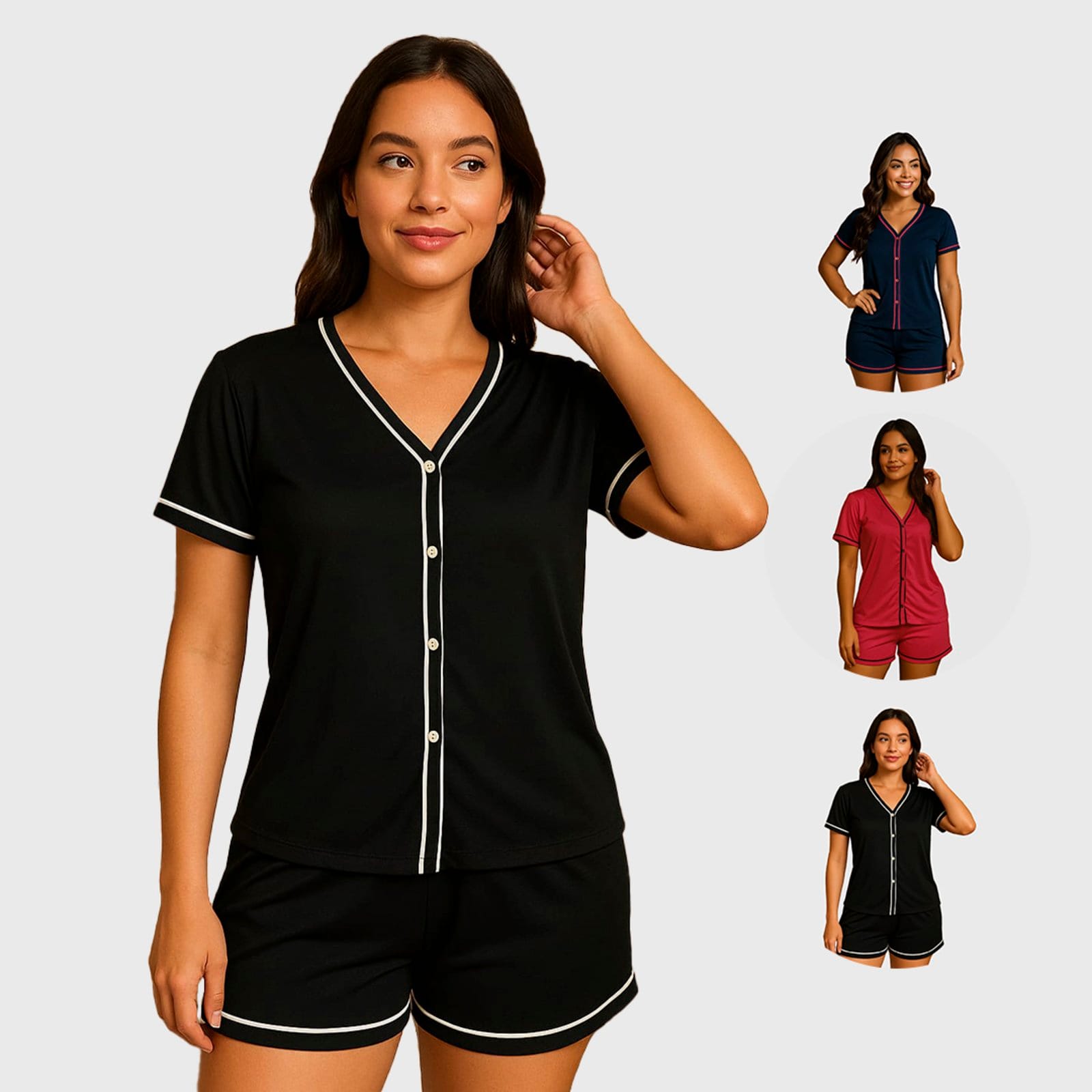 Vista principal Kit 2 Pijama Gabi Lingerie Blogueira Manga Curta Conjunto Feminino Americano Conforto para Dormir Gabi Lingerie multicolorido