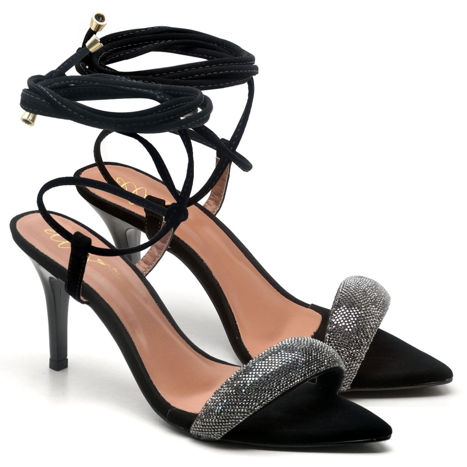 Sandália Salto Médio Bico Folha Nobuck Manta Strass