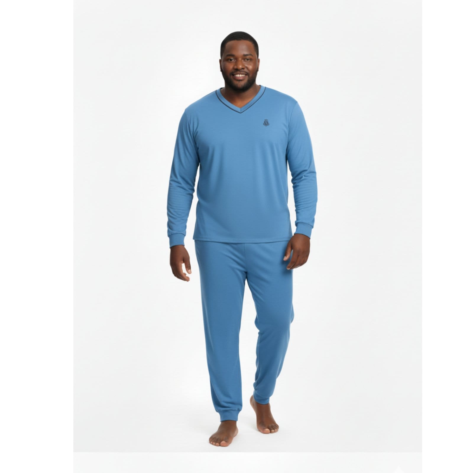 Pijama Masculino Plus Size Adulto Longo Inverno Frio Malha Fria Manga Longa G1 G2 G3 G4 50 52 54 Conforto Gola V Homen Mechler Claro Celeste