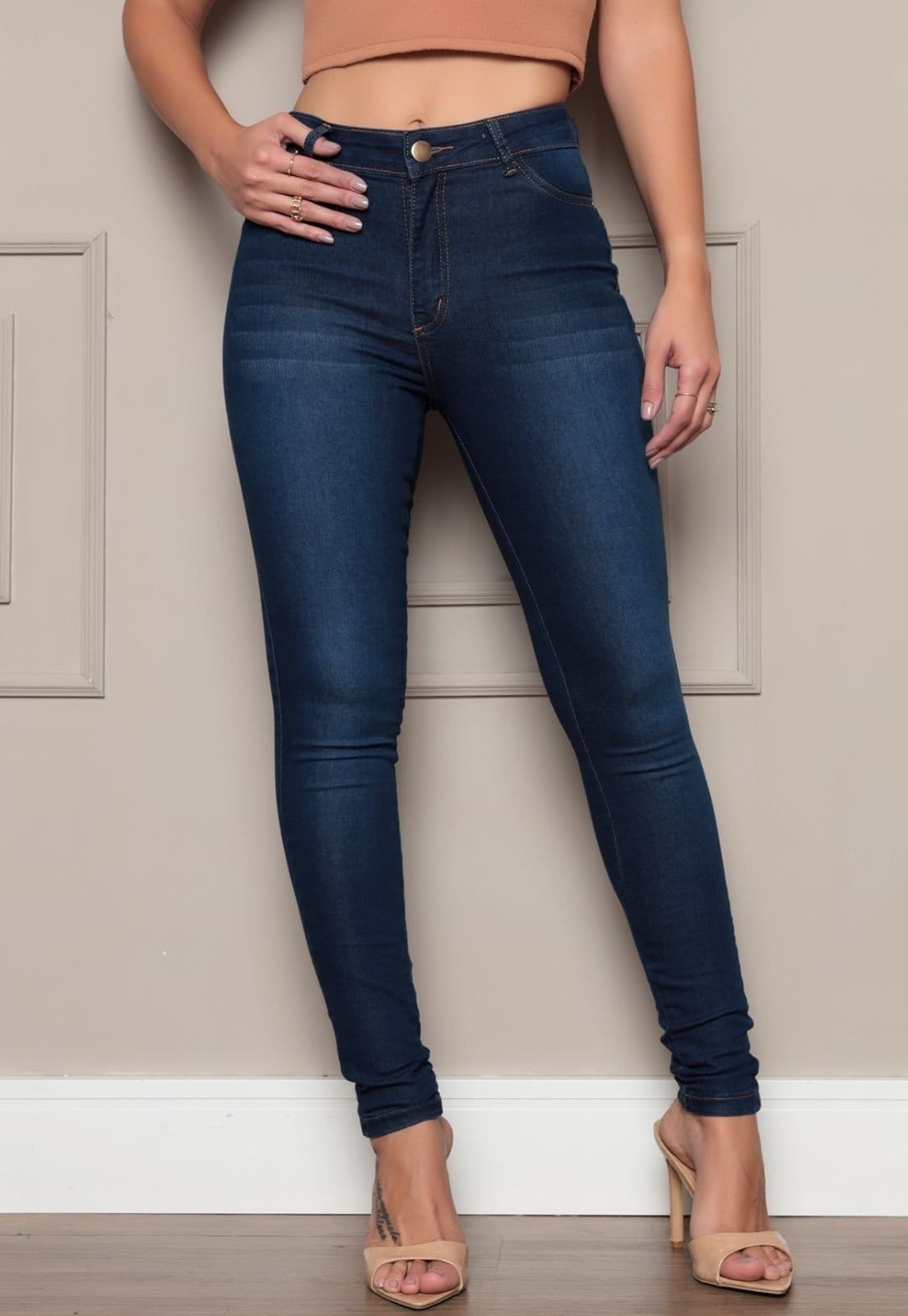 Vista principal Calça Jeans Feminina SK JEANS Skinny Lavagem Escura TEX JEANS azul